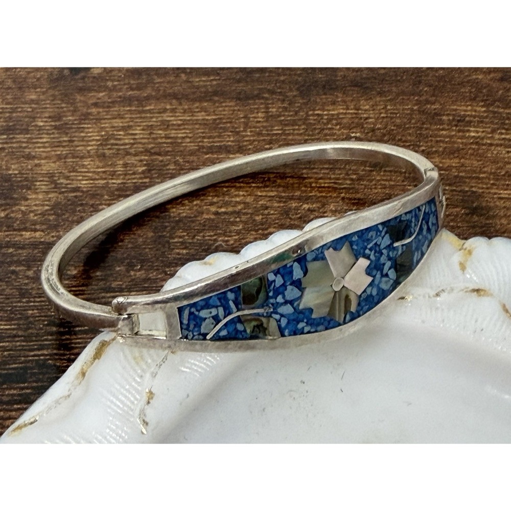 Taxco Mexico Vintage Blue MOP Abalone Inlay Bangle Bracelet Floral Hinged